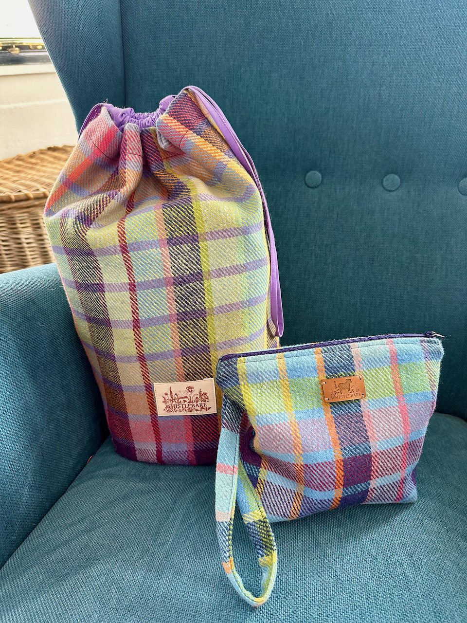 Whistlebare Tweed Dunstanburgh drawstring bag and small Bamburgh Bag